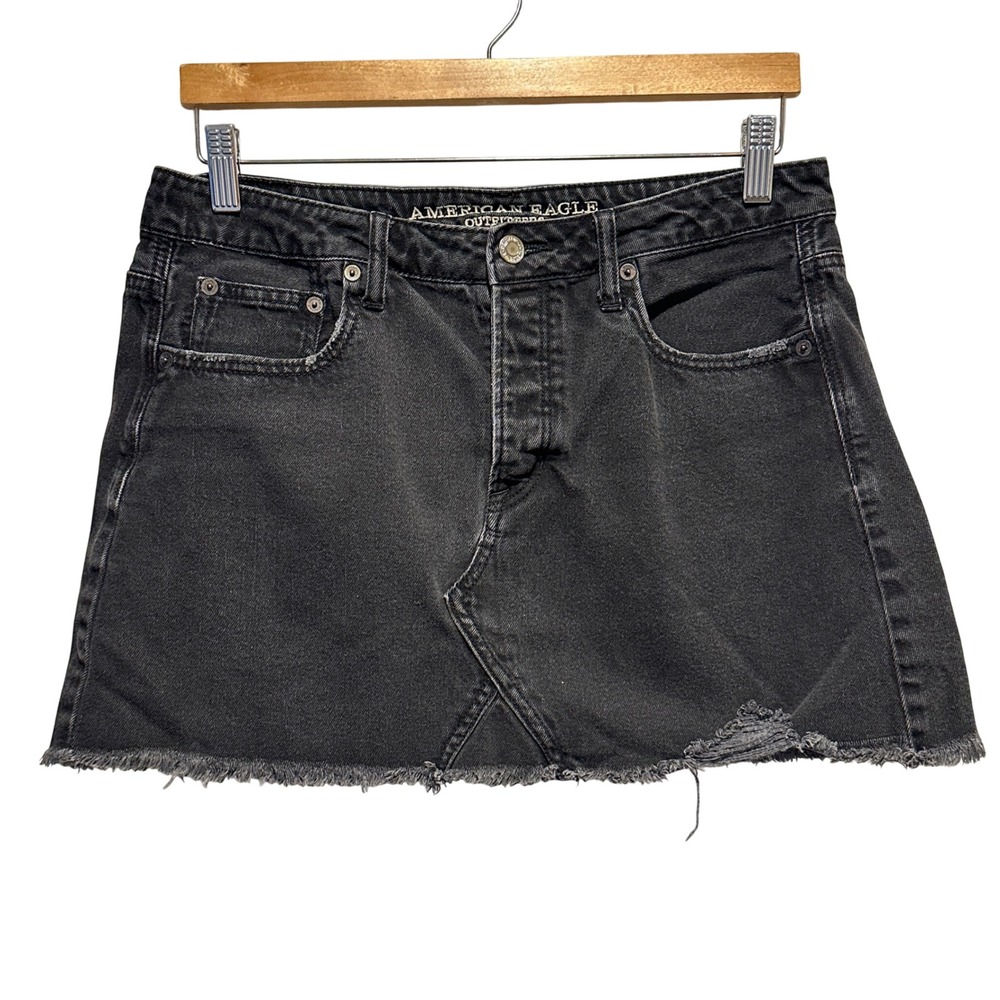 American Eagle Y2K Micro Mini Jean Skirt Womens 10 Black Distressed Denim‎ 12"